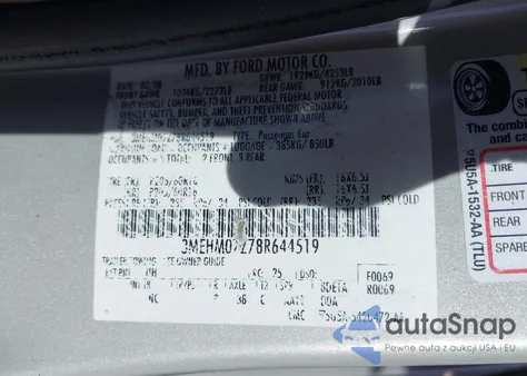 2008 Mercury Milan I4 из США, поврежденный, VIN 3MEHM07Z78R644519